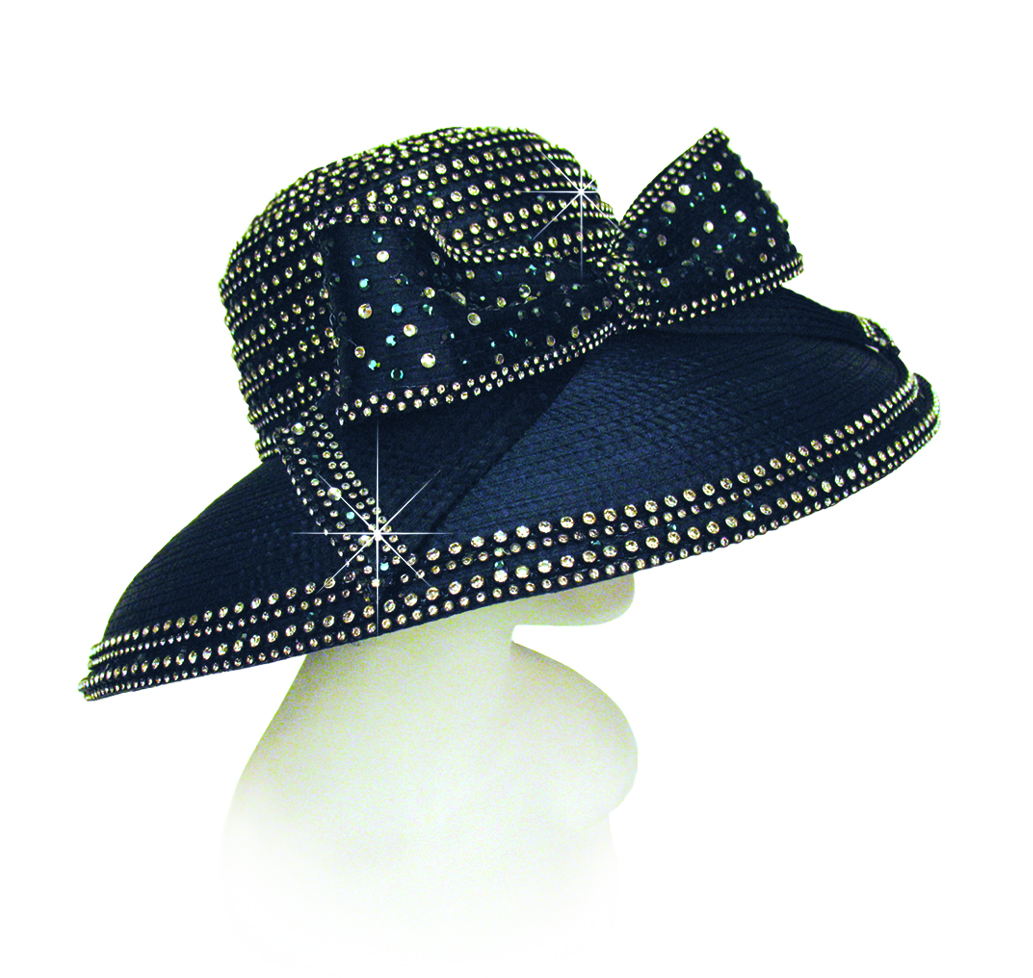 Year Round Large Brim Hat Trimmed with Large Bow & Rhinestones Church Hats